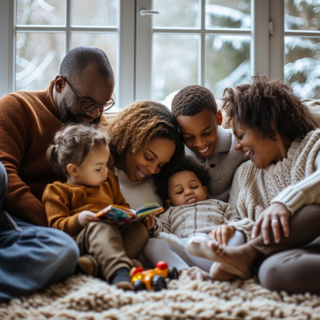 Photo a happy family of five is sitting on the floor in front of a window the parents are reading a book to the three children