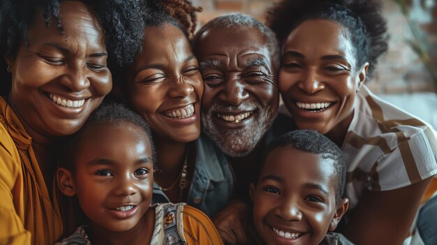 Happy family of five posing for a picture The parents are smiling and the children are laughing and they are all looking at the camera