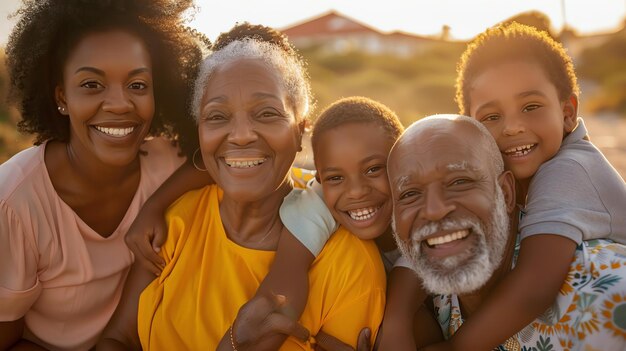 Happy family of five smiling together The grandparents are sitting in the middle with their arms around their grandchildren