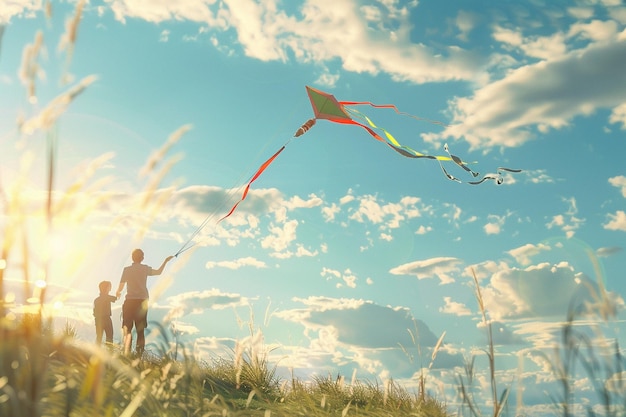 Happy family flying a colorful kite on a breezy su