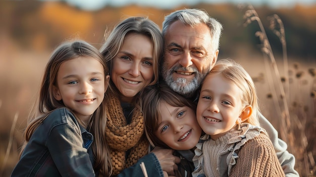 Happy family of four in the fall The parents are smiling and the children are laughing