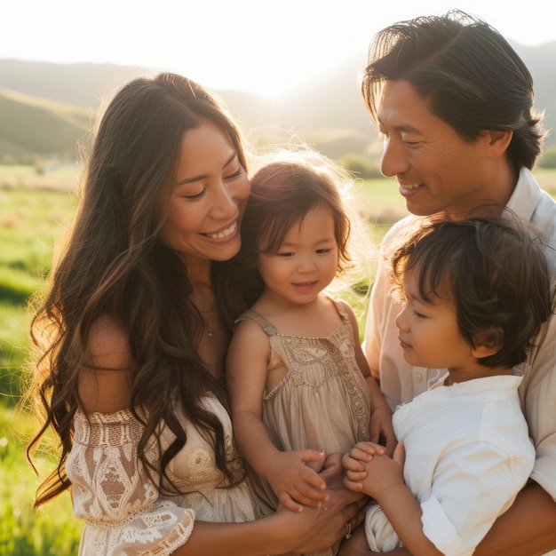 Happy family of four in a field of wheat