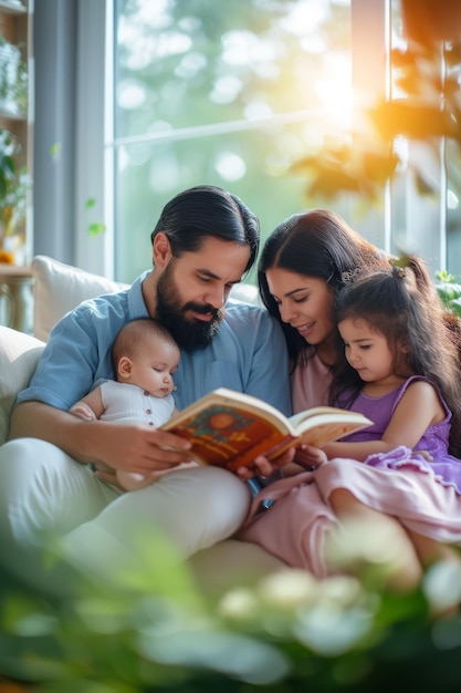 A happy family of four is reading a book together on a couch