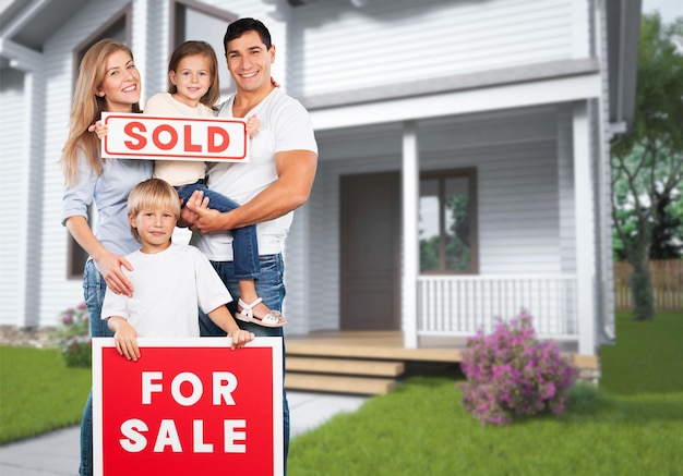 Happy Family of four with for sale sign