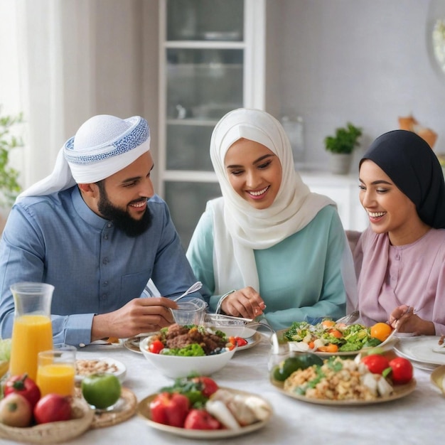 Photo happy family from arab united emirates eating together and celebrating