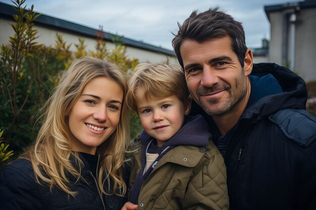 Foto una famiglia felice davanti alla casa dei loro sogni, alloggi e mercato immobiliare.