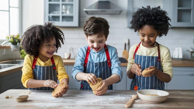 Photo happy family funny kids are preparing the dough bake cookies in the kitchen