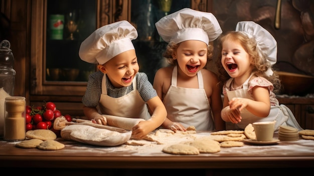 행복한 가족 재미있는 아이들이 부엌에서 반죽을 굽는 쿠키를 준비하고 있습니다