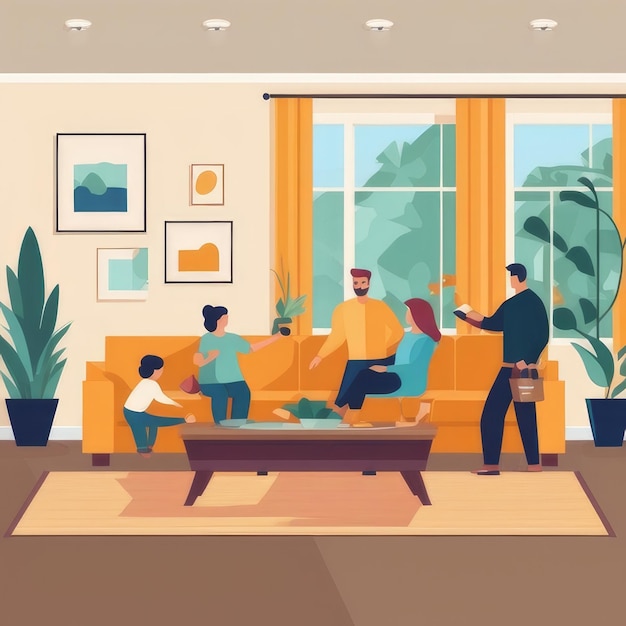 Photo happy family gathering in modern living room