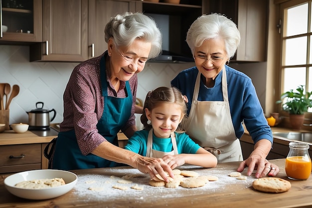 Photo happy family grandmother old mother motherinlaw and daughterinlaw daughter cook in kitchen