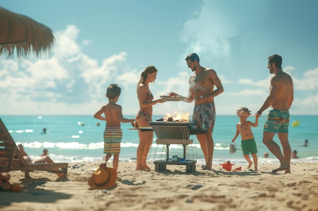 Happy family having a beach barbecue and playing g