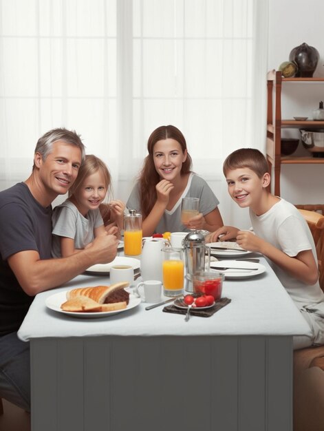 Happy family having breakfast in hotel restaurant Generative AI