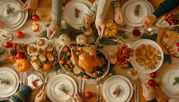 Happy family having dinner at festive table on Thanksgiving Day top view