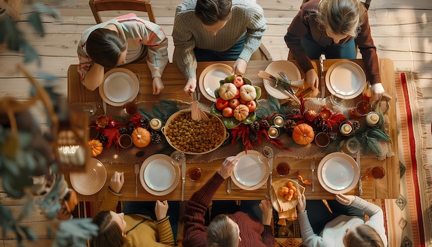 Happy family having dinner at festive table on Thanksgiving Day top view