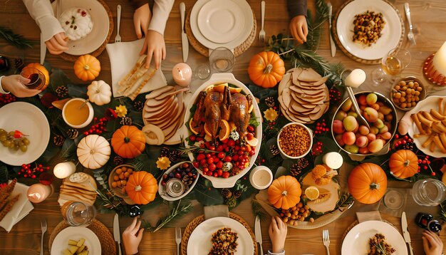 Photo happy family having dinner at festive table on thanksgiving day top view