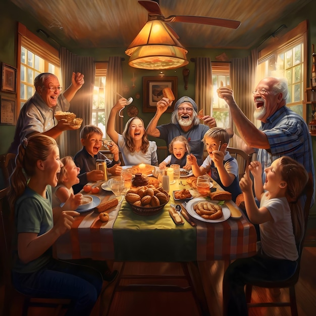 집에서 함께 저녁 식사를 하는 행복한 가족 어머니 아버지 자녀와 조부모