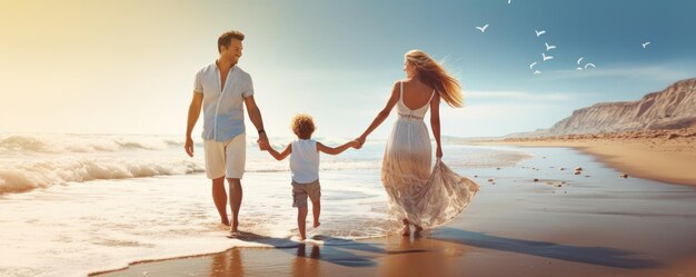 Foto famiglia felice che si diverte sulla spiaggia madre e padre che tengono il figlio generativo ai