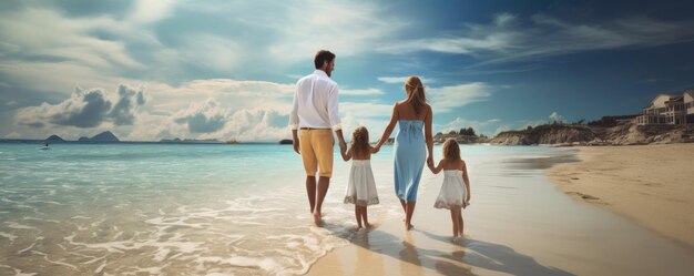 Famiglia felice che si diverte sulla spiaggia madre e padre che tengono il figlio generativo ai