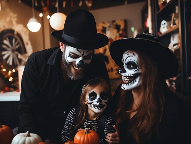 ハロウィーンの祝賀に衣装とメイクアップで楽しんでいる幸せな家族