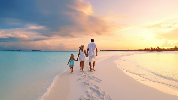 Счастливая семья весело гуляет по красивому пляжу, вид на семейную любовь