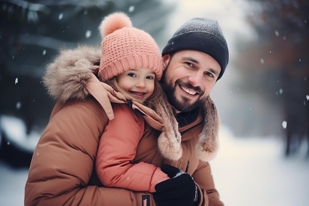 Happy family having fun while travel outdoor in winter comeliness