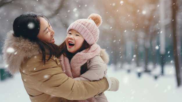 Happy family having fun while travel outdoor in winter comeliness