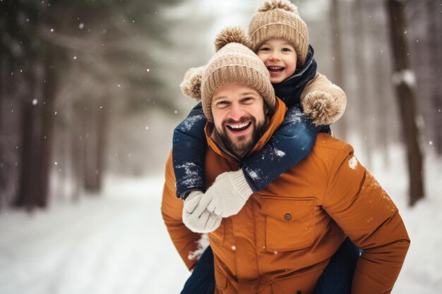 Happy family having fun while travel outdoor in winter comeliness