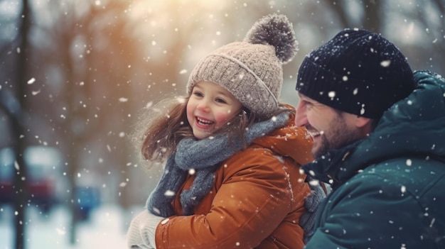 Happy family having fun while travel outdoor in winter comeliness