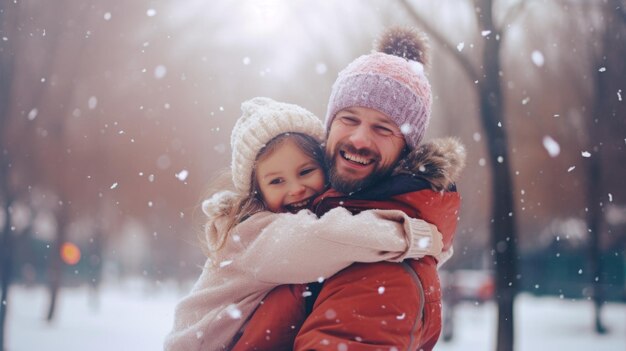 Счастливая семья развлекается во время путешествия на открытом воздухе в зимнюю красоту