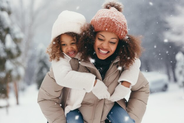 Happy family having fun while travel outdoor in winter comeliness