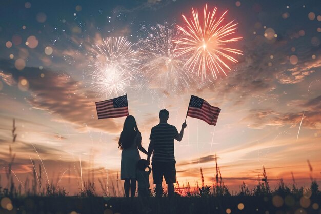 Счастливая семья, держащая американские флаги и смотрящая фейерверки на закатном небе.