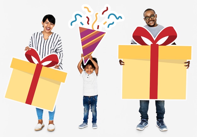 Happy family holding gift boxes