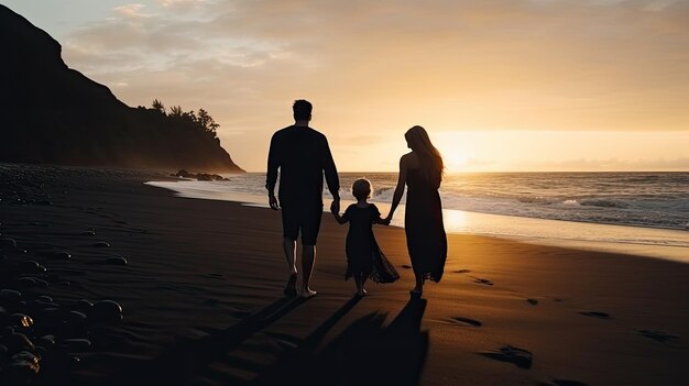 幸せな家族の休日楽しい父母の赤ちゃんの息子は、b の夕日の海のサーフィンの端に沿って楽しく歩きます