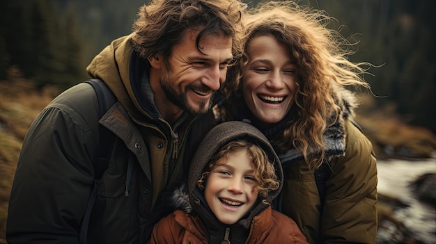 Photo happy family hugging together in mountains