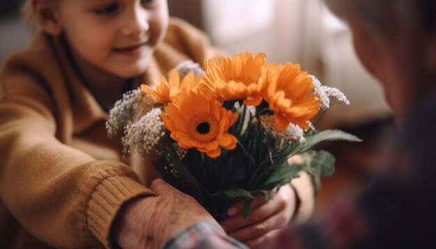 A happy family indoors holding a bouquet of flowers generated by AI