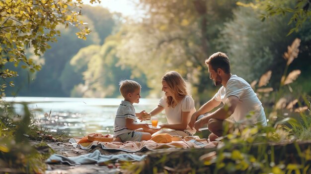 Happy family is having picnic near the lake They are sitting on blanket eating sandwiches and drinking juice The boy is laughing and having fun