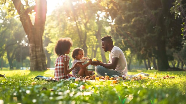 A happy family is having a picnic in the park They are sitting on a blanket and eating food from a basket