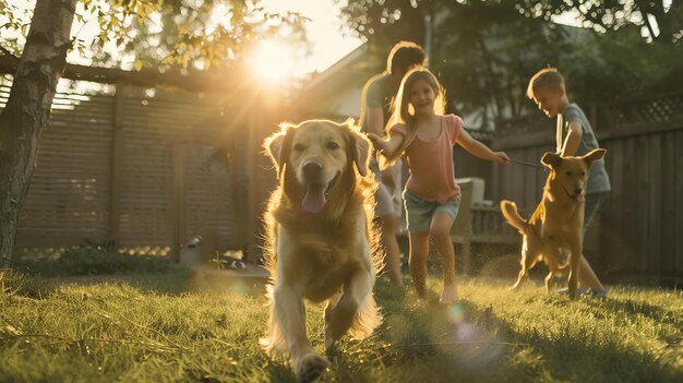 A happy family is playing with their two dogs in the backyard The sun is shining brightly and the family is laughing and smiling