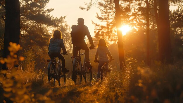 Photo happy family is riding bicycles in the park at sunset they are having a great time together the sun is shining through the trees