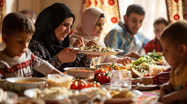 A happy family is sitting around a table and eating a meal together The table is full of delicious food and everyone is smiling and laughing