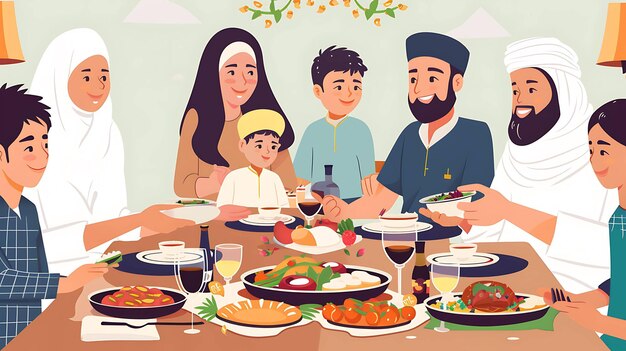 幸せな家族がテーブルの周りに座って一緒に食事をしています テーブルは美味しい食べ物で満たされ,誰もが微笑んで笑っています