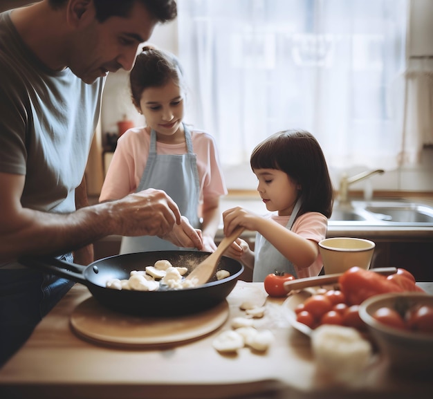 Happy family in the kitchen having fun and cooking together Healthy food at home