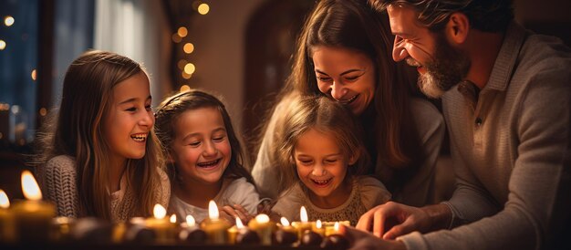 家でハヌッカの祝いにろうそくを点灯する幸せな家族