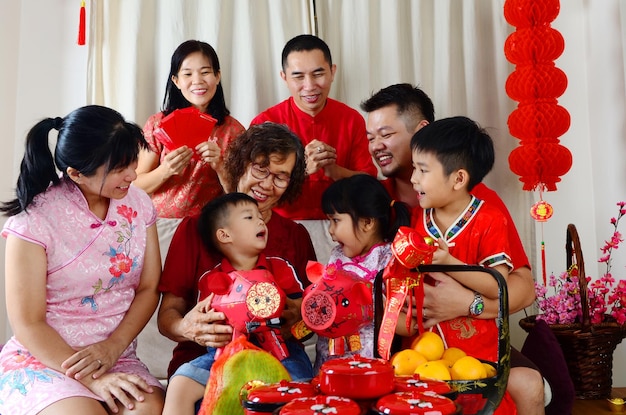 happy family in living room at home