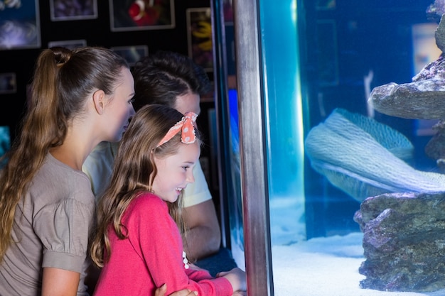 Happy family looking at fish tank