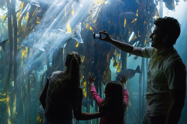 Happy family looking at fish tank