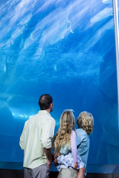 Happy family looking at the fish tank