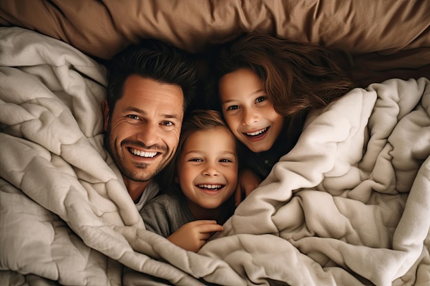 Happy family lying under blanket on bed at home