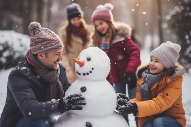 Photo happy family make snowman merry christmas background