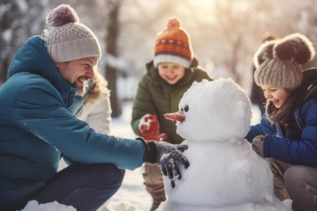 Foto la famiglia felice fa il pupazzo di neve di buon natale sfondo